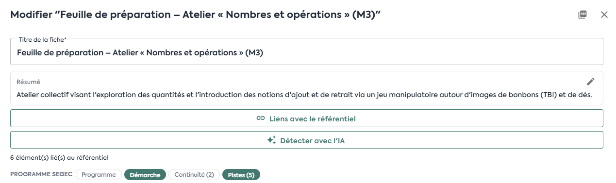 En-tête d’une fiche de préparation avec sa section Programme SeGEC : Démarche, Continuité et Pistes