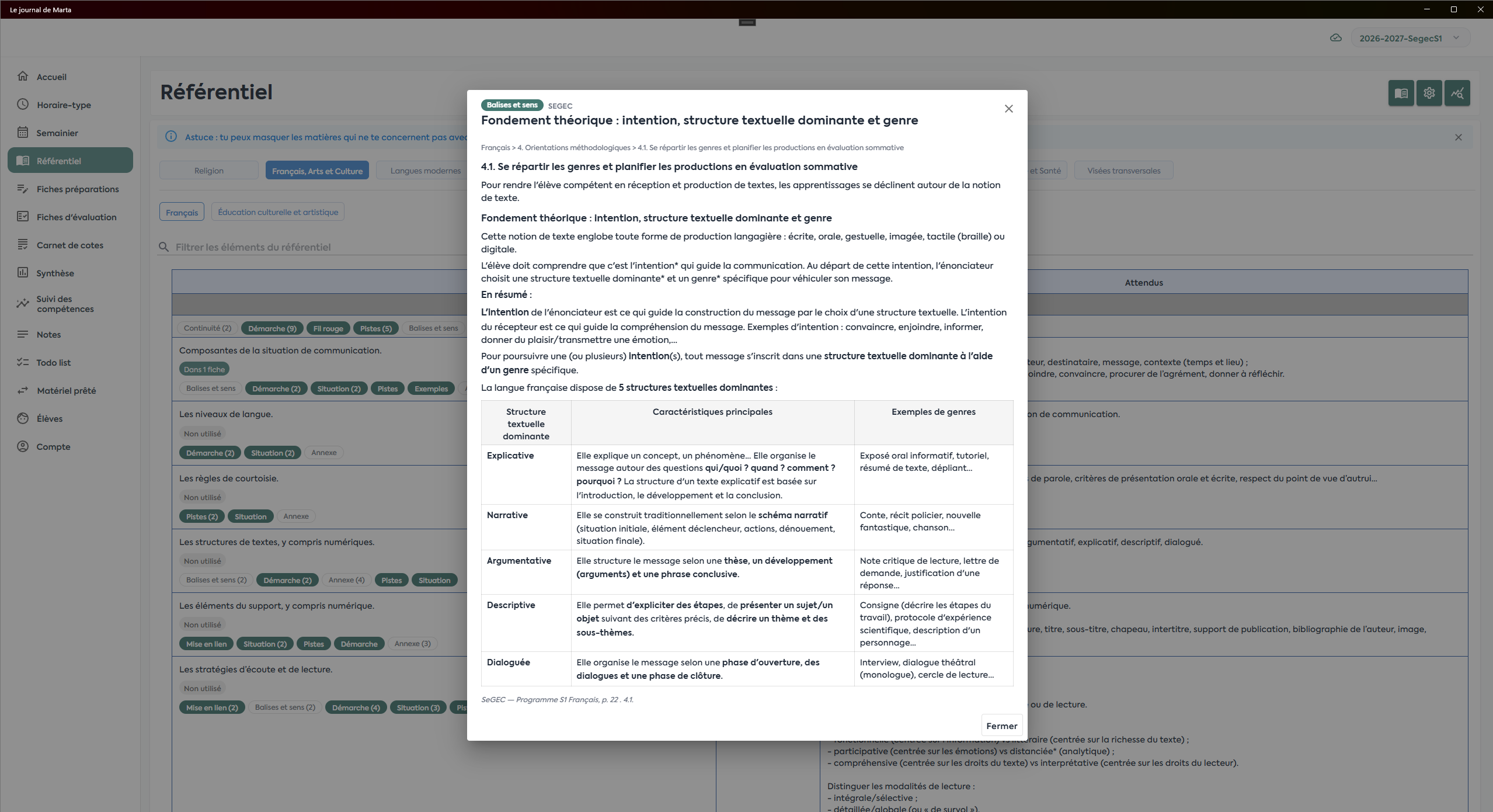 Un extrait du programme SeGEC ouvert depuis le référentiel, avec son tableau des structures textuelles et la référence à la page du programme