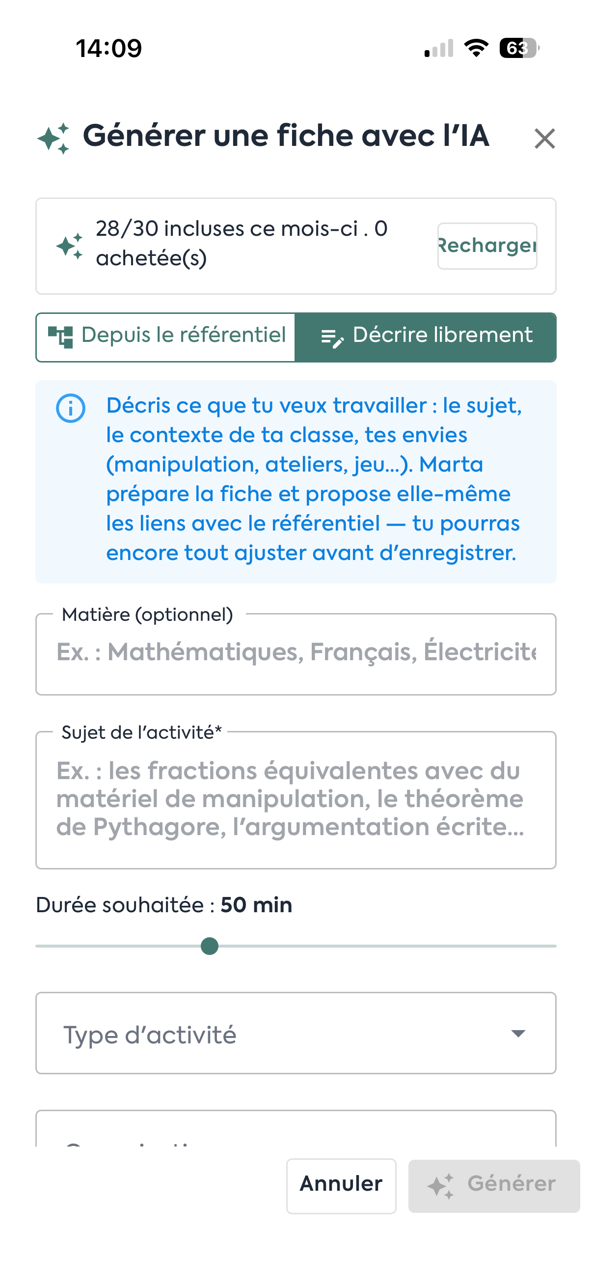 Génération d’une fiche avec l’IA sur smartphone, mode Décrire librement avec matière et sujet de l’activité