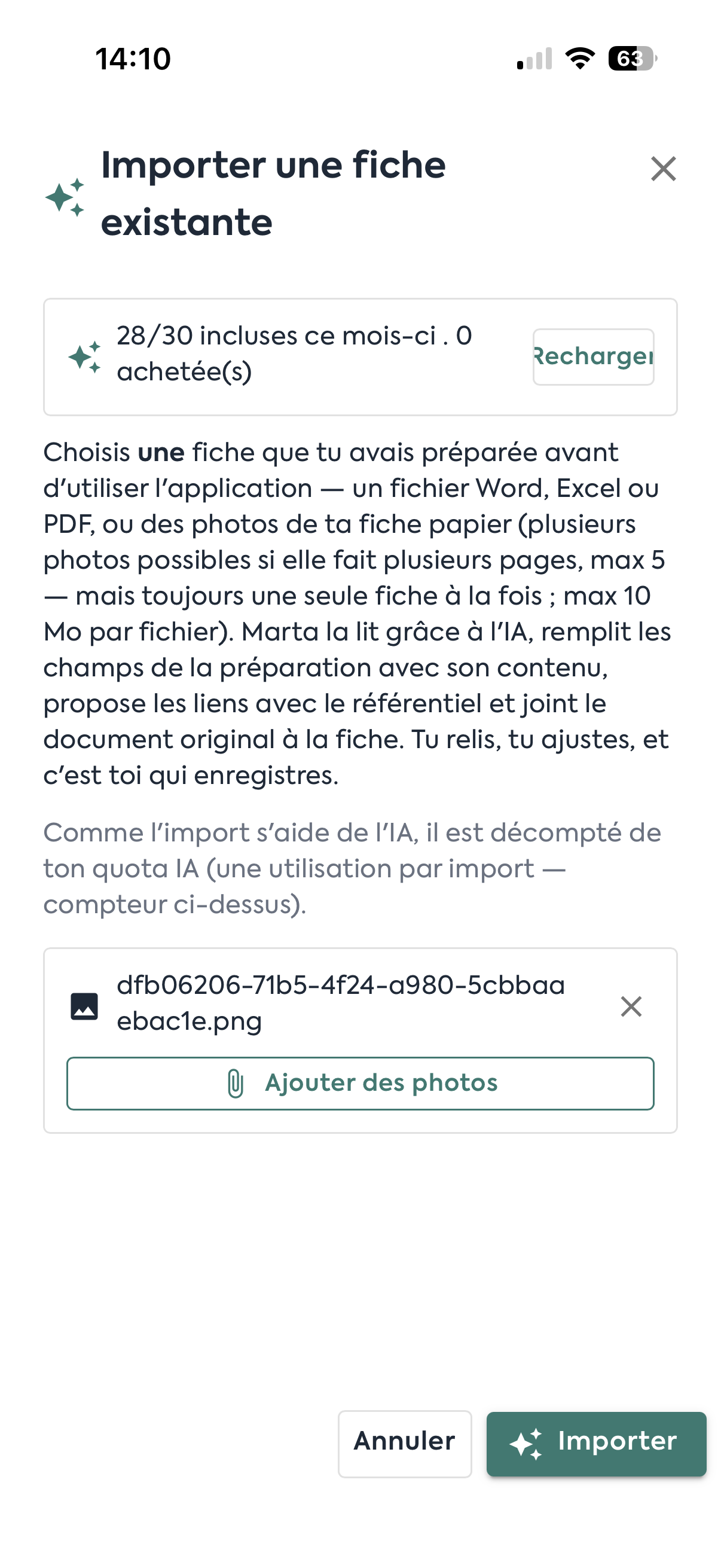 Importer une fiche existante depuis un smartphone, avec une photo sélectionnée