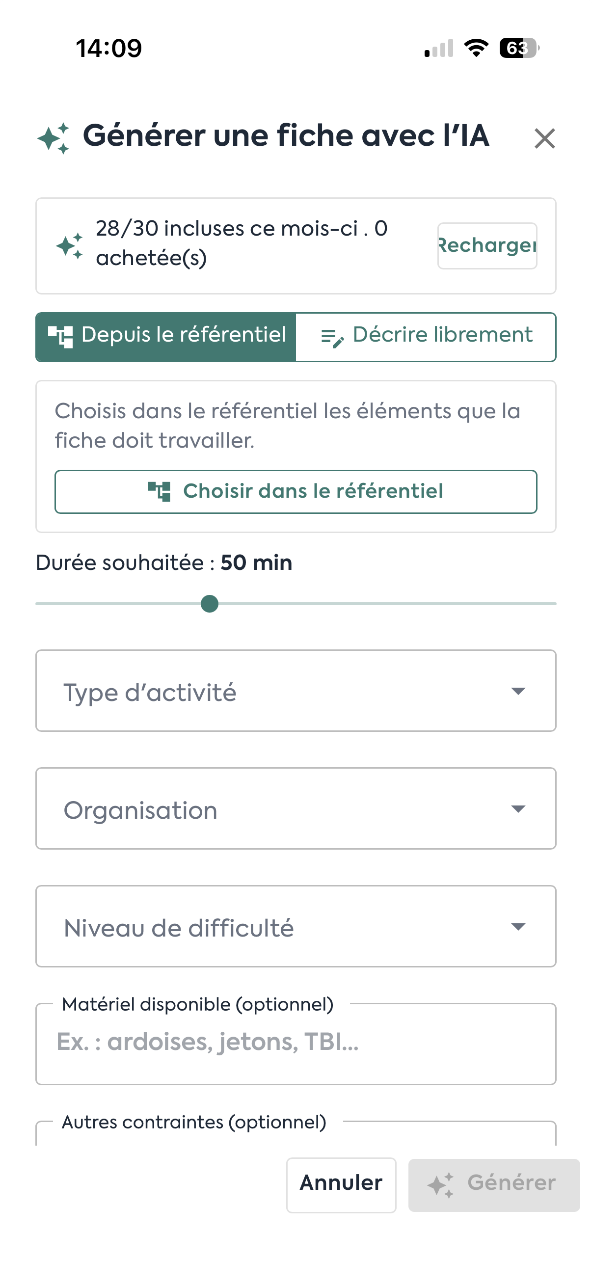 Génération d’une fiche avec l’IA sur smartphone, mode Depuis le référentiel