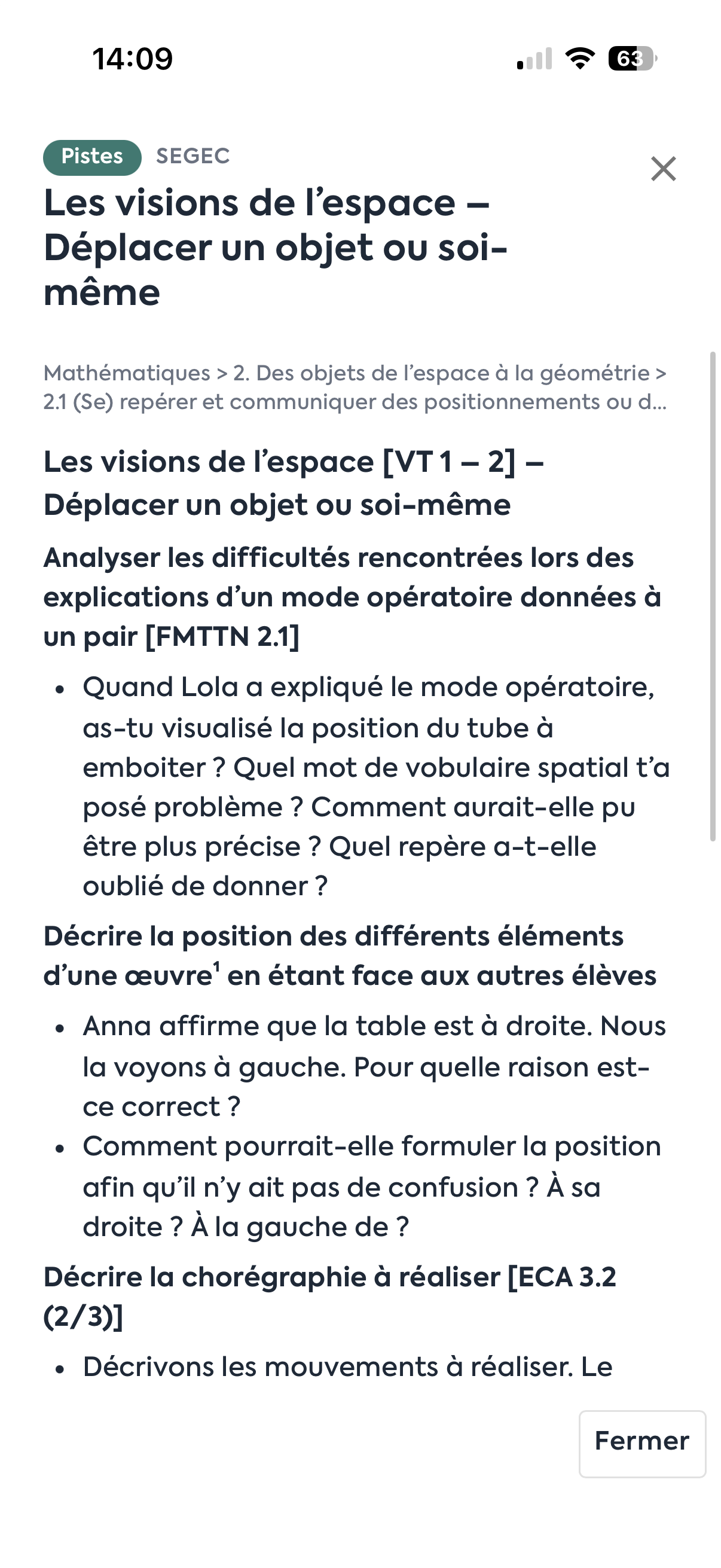 Un élément Pistes du programme SeGEC de mathématiques ouvert sur smartphone