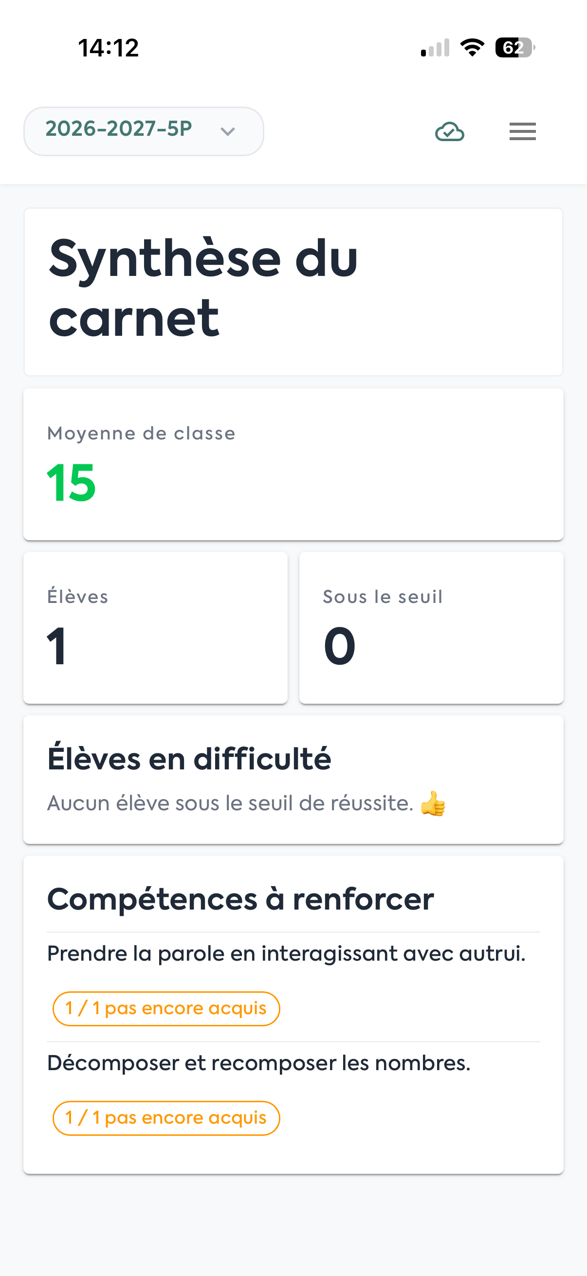 La synthèse du carnet sur smartphone : moyenne de classe, nombre d’élèves, élèves sous le seuil, élèves en difficulté et compétences à renforcer