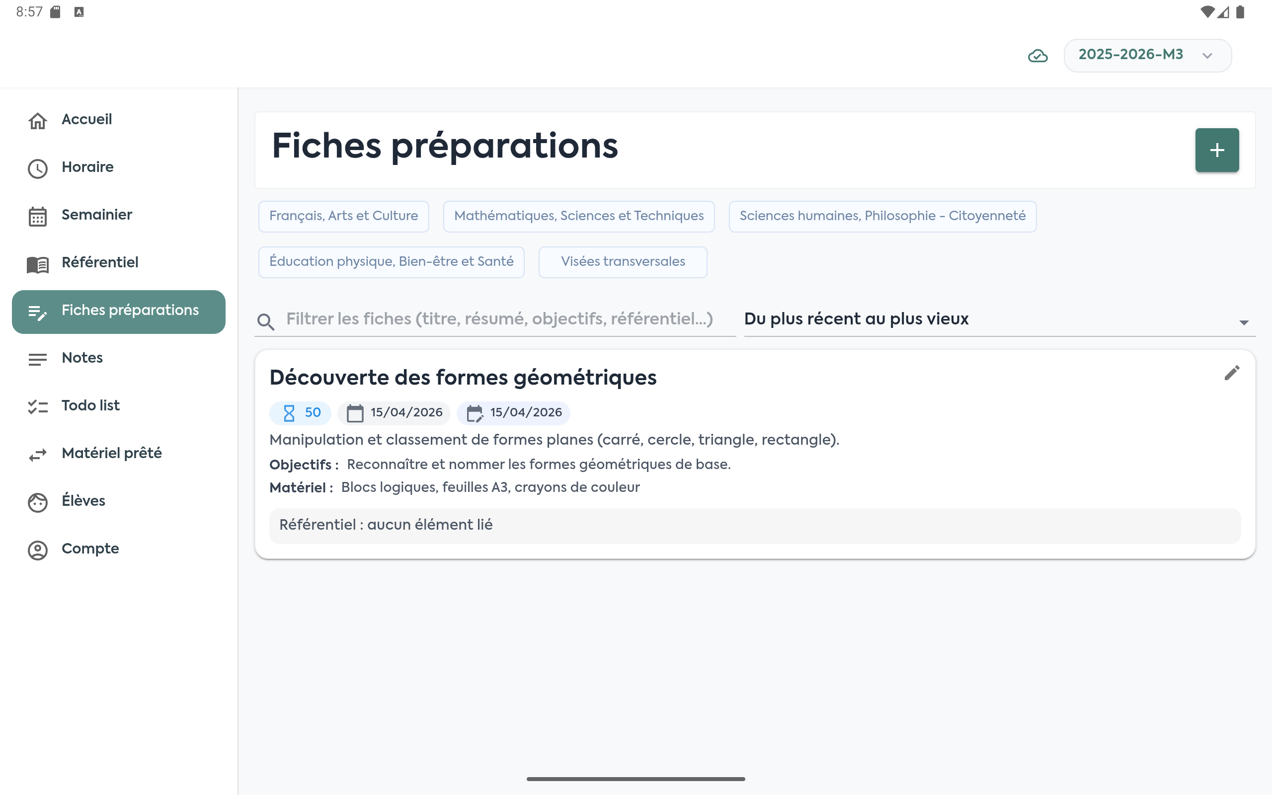 Liste des fiches préparations sur tablette