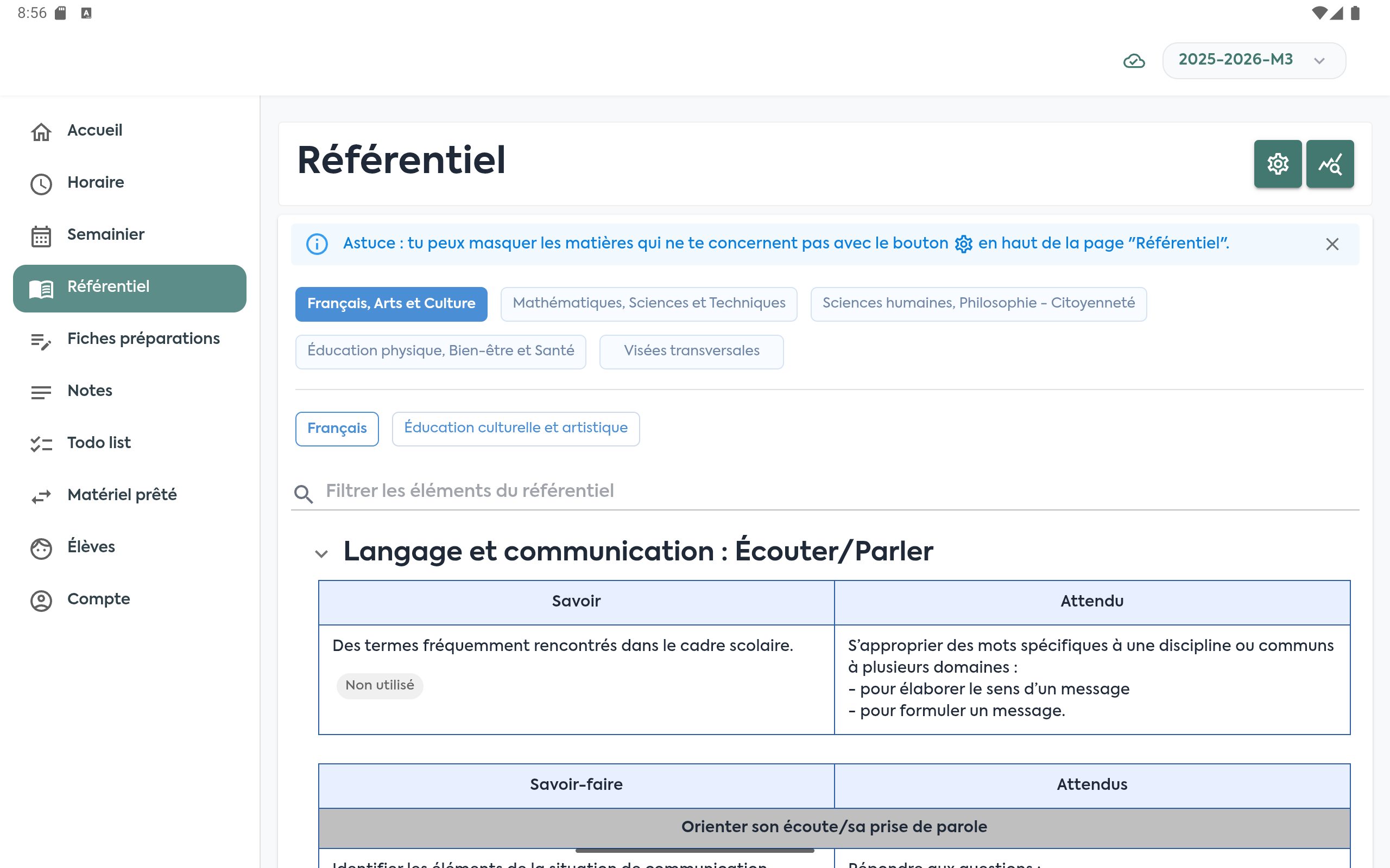 Le Journal de Marta — vue Référentiel (tronc commun FWB) sur tablette
