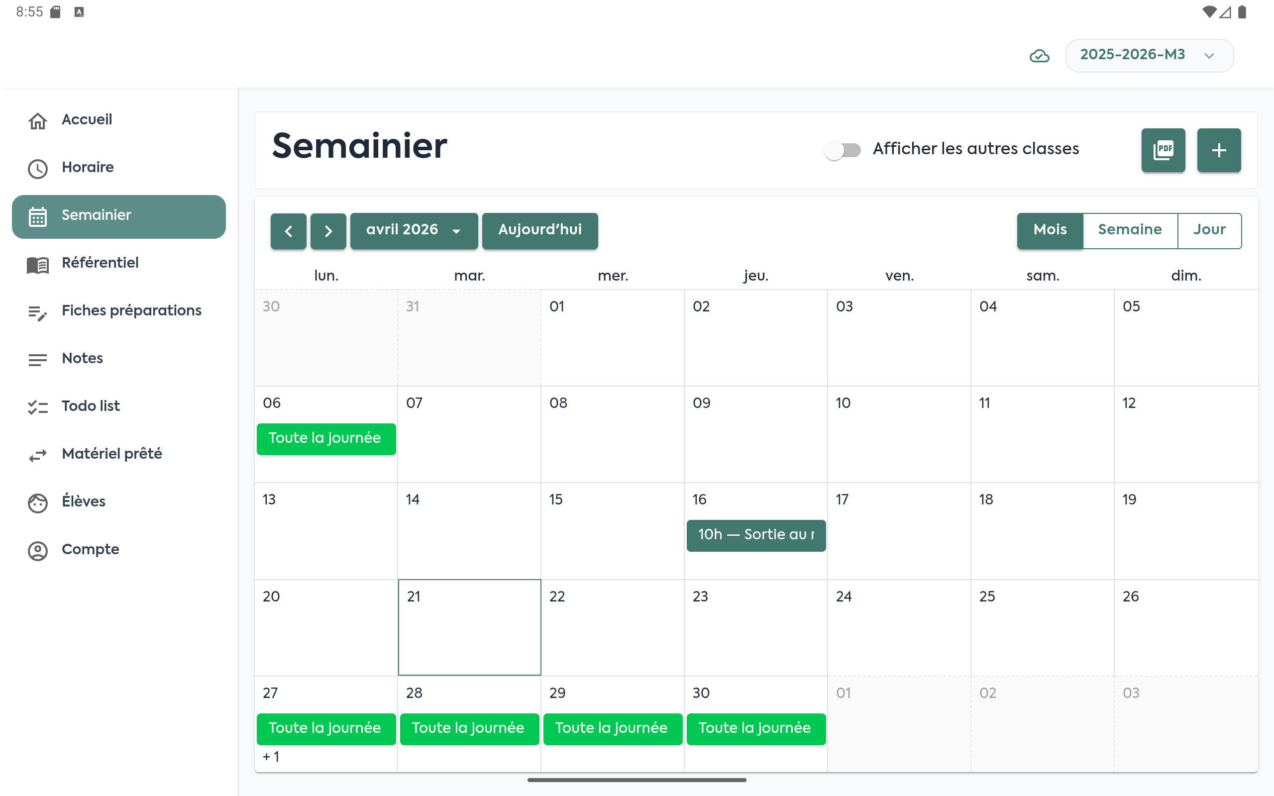 Vue Semainier sur tablette